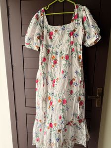 White Floral Puff Sleeve Midi Dress