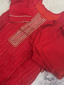 Red Embroidered Kurta with Pants