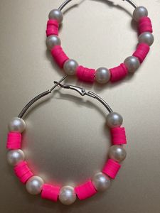Pink Fimo Earring With White Beads
