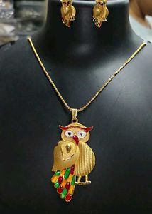 Gold Owl Pendant Necklace & Earrings Set