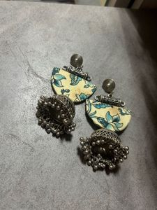 Oxidise Earrings White And Aqua Color