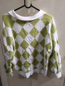 Checkerboard Collared V-Neck Sweater