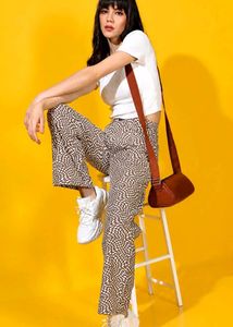 Brown & White Geometric Wide-Leg Pants & Free Gift