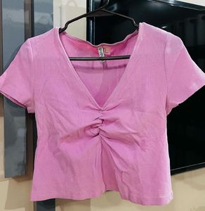 Pink Ruched V-Neck Cropped Top