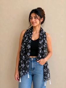 Floral Print Scarf with Tassels & Free Gift