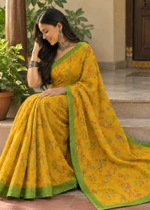 Vibrant Yellow Floral Bird Print Saree