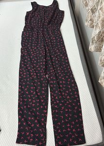 Chic Black & Red Bird Print Jumpsuit