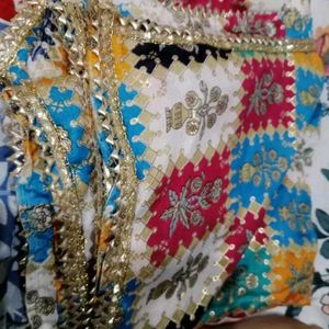 Vibrant Patchwork Dupatta with Gold Trim