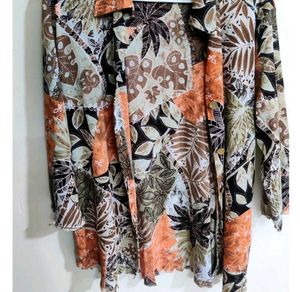 Boho Patchwork Leaf Print Button-Up Shirt