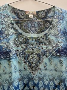 Blue Boho Print Embellished party  Top