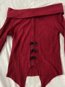 Ribbed Off-Shoulder Top with Bow Detail