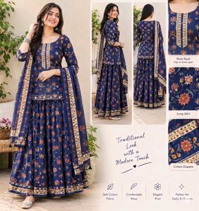 Blue Floral Print gopi dress Set with Dupatta