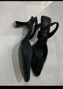 Zara Black Embellished Slingback Heels
