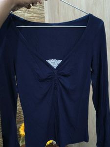 Navy Blue V-Neck Lace Trim Top