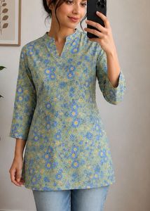 Blue Floral Print Cotton short Kurta