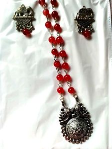 Boho Red Beaded Necklace & Earrings Set