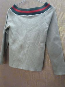 Gray Knit Sweater with Striped Collar