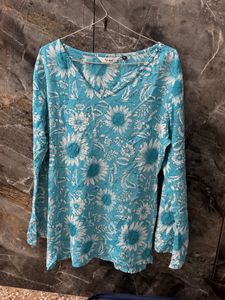 Teal Floral Printed Long-Sleeve Kurti
