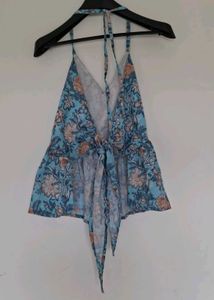 Floral Print Blue Halter Neck Peplum Top