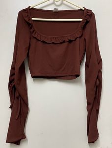 Brown Long Sleeve Tie Detail Crop Top