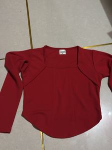 Red Square Neck Long Sleeve Top