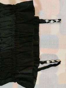 Chic Black Smocked Crop Top with Embellished Strap
