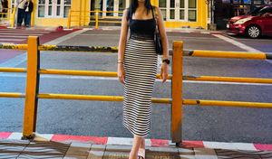Black & White Striped Midi Skirt