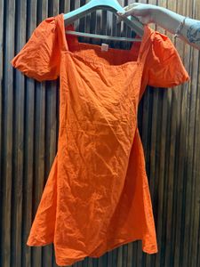 Orange Puff Sleeve Square Neck Dress✨