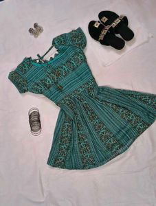 Beautiful Teal Floral Printed Flared Kurti