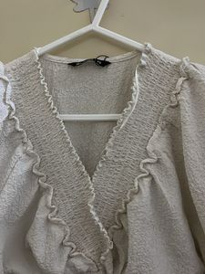 White Smocked V-Neck Cropped Top