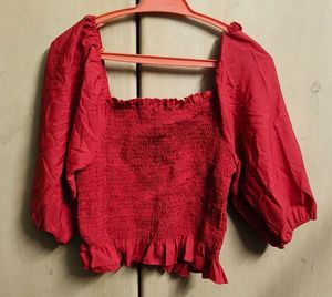 Red Smocked Crop Top