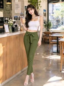Olive Green Paperbag Waist Tie Knot Pants Trouser