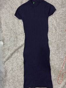 Navy Ribbed Knit Midi Dress