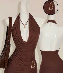 Brown Halter Neck Ruched Top
