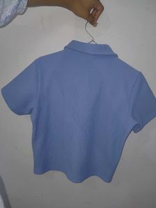 Light Blue Ribbed Polo Crop Top