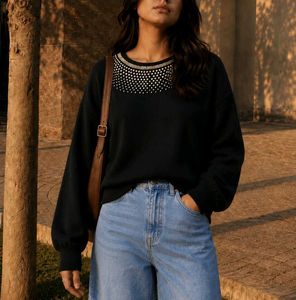 Black Embellished Crew Neck Sweater