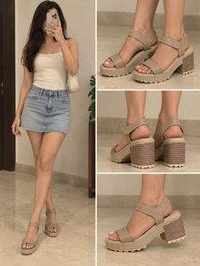 Chic Beige Platform Block Heels