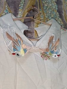 Embroidered Bird Collar White Top