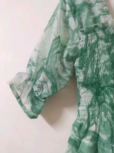 Trendy Green Marble Print Square Neck Dress