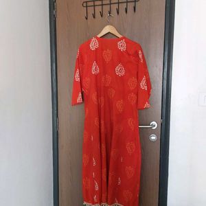 Orange Block Print Kurta Set with Dupatta