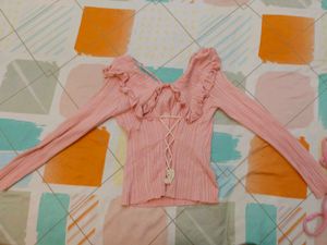 Pink Ribbed Ruffle Peter Pan Collar Top