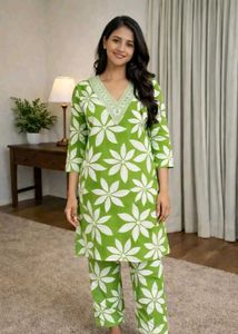 Floral Print Kurta Sets - Green &amp; Purple