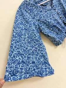 Blue Floral Tie-Front Cropped Blouse