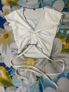 White Ruched Tie-Up Crop Top