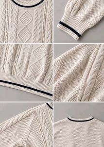 IVORY CABLE-KNIT STRIPED TRIM SWEATER