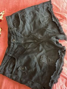 Distressed Black Denim Shorts