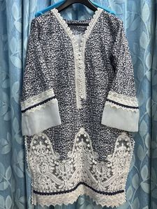 blue Floral Pakistani style Kurta with Lace Detail