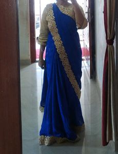 Royal Blue Saree With Golden Border(Without Blouse
