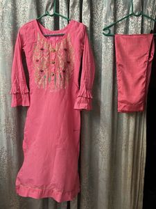 Pink Embroidered Kurta with Dupatta Set