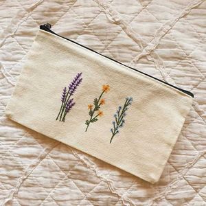 Floral Embroidered Canvas Pouch